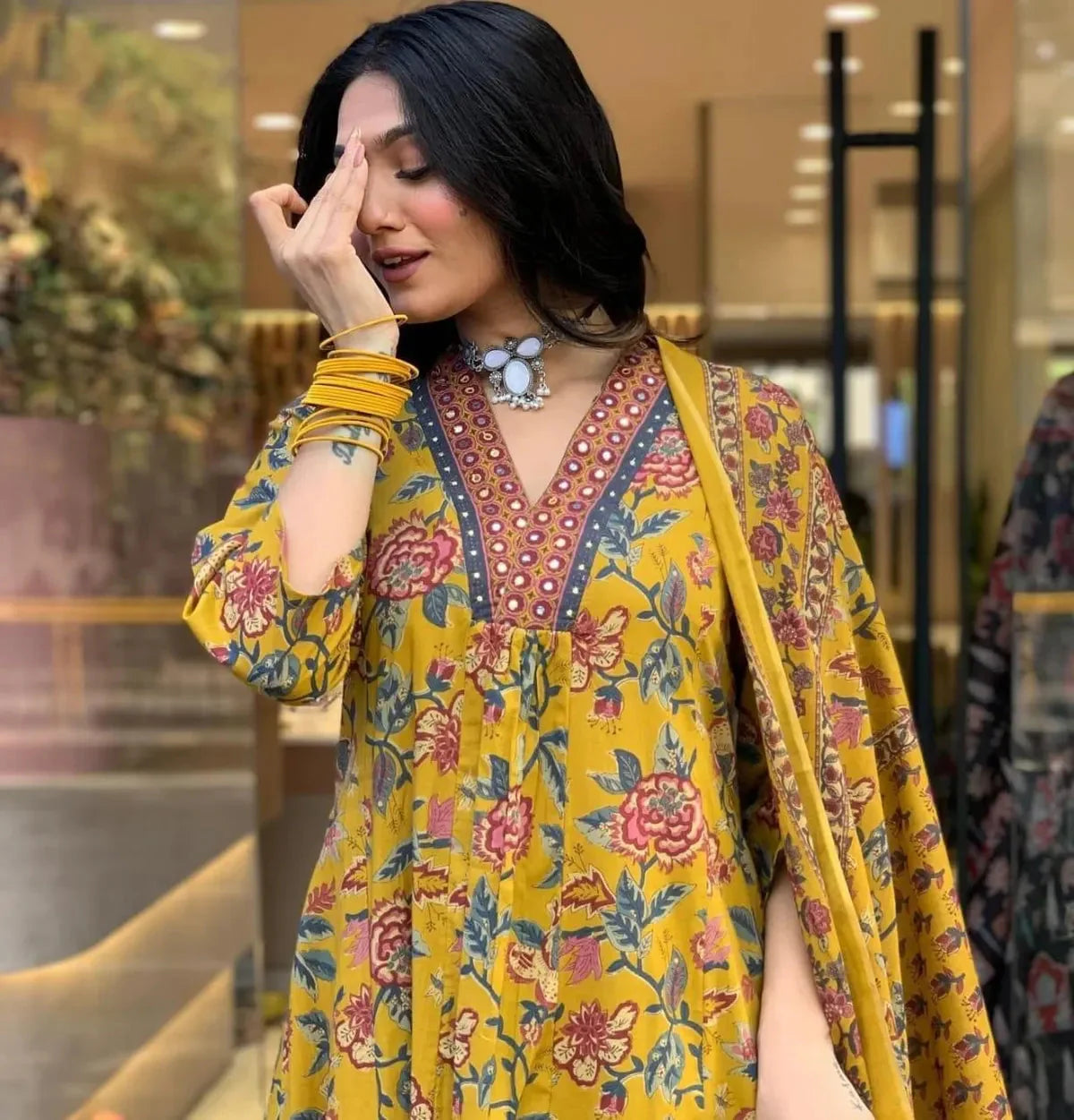 Mustard Yellow Cotton Flower Neckline Worked Kurta Pant with Dupatta Set