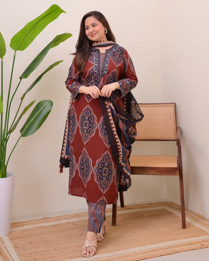 Maroon Ajrak Printed Cotton Suit