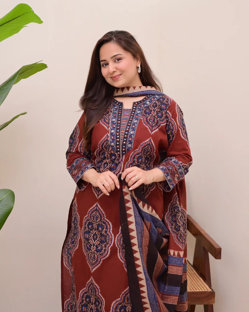 Maroon Ajrak Printed Cotton Suit