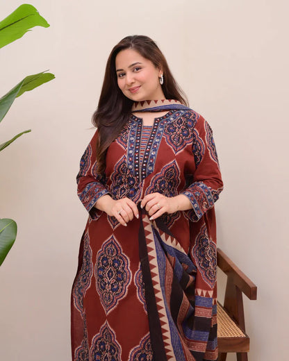 Maroon Ajrak Printed Cotton Suit