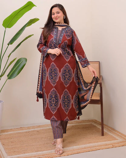 Maroon Ajrak Printed Cotton Suit