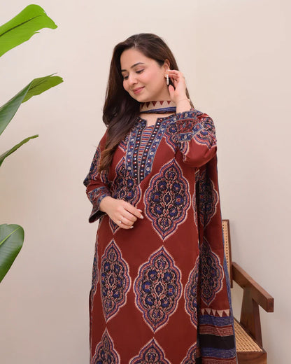 Maroon Ajrak Printed Cotton Suit