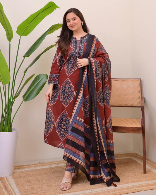 Maroon Ajrak Printed Cotton Suit