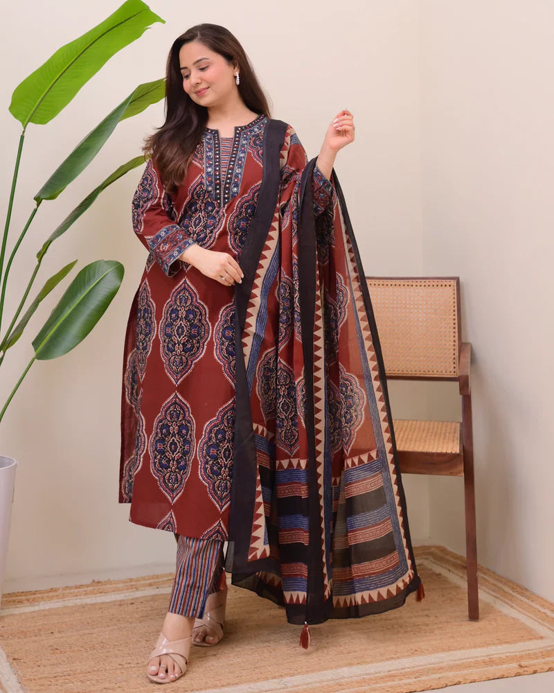 Maroon Ajrak Printed Cotton Suit
