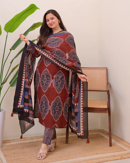 Maroon Ajrak Printed Cotton Suit