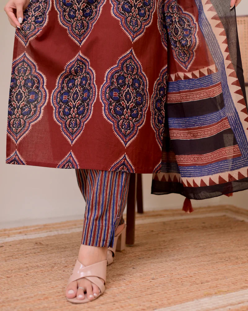 Maroon Ajrak Printed Cotton Suit