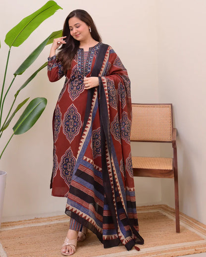 Maroon Ajrak Printed Cotton Suit