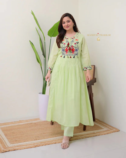 Mint Green Threadwork Mul Cotton A Line Kurta Set
