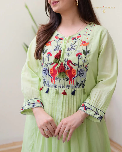 Mint Green Threadwork Mul Cotton A Line Kurta Set