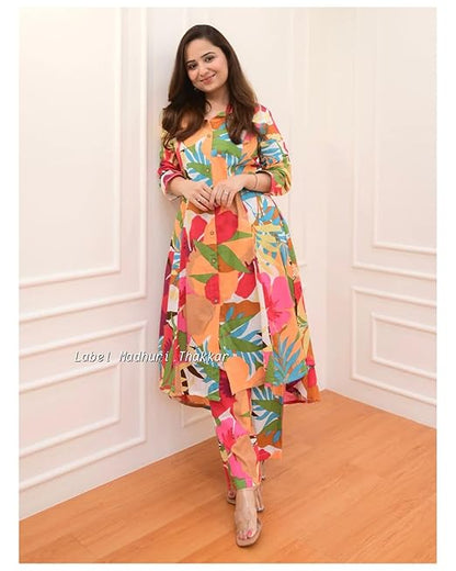 Multicolor Leaf Print Cotton Co-ord