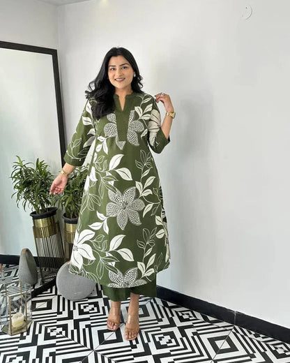 Green Floral Printed Cotton Kurta and Pant Set