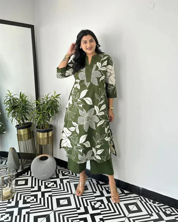 Green Floral Printed Cotton Kurta and Pant Set