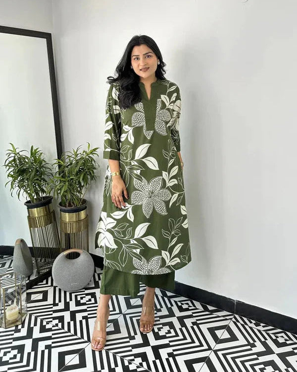 Green Floral Printed Cotton Kurta and Pant Set