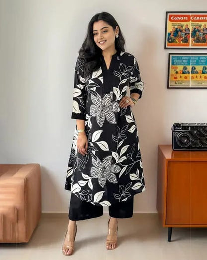 Black Floral Printed Cotton Kurta and Pant Set