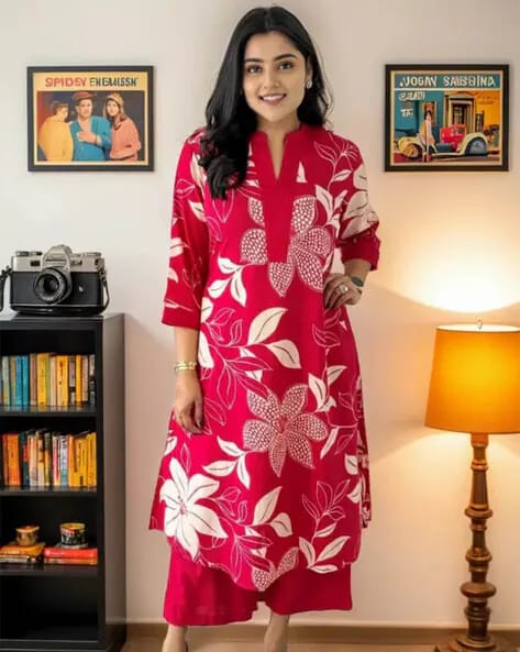 Red Floral Printed Cotton Kurta and Pant Set