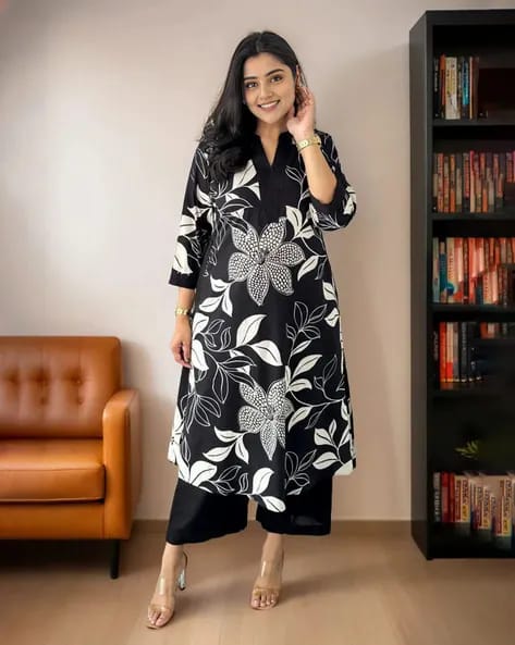 Black Floral Printed Cotton Kurta and Pant Set