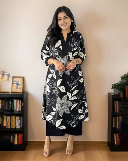 Black Floral Printed Cotton Kurta and Pant Set