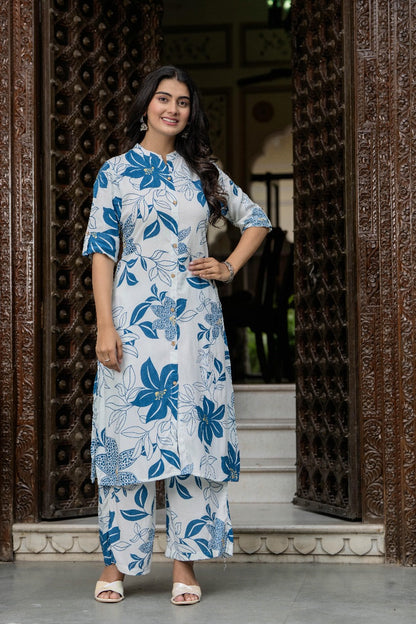White & Blue Floral Kurta Set