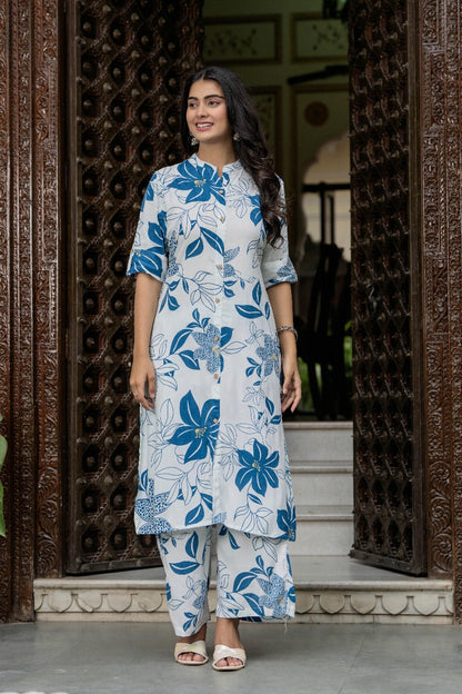 White & Blue Floral Kurta Set