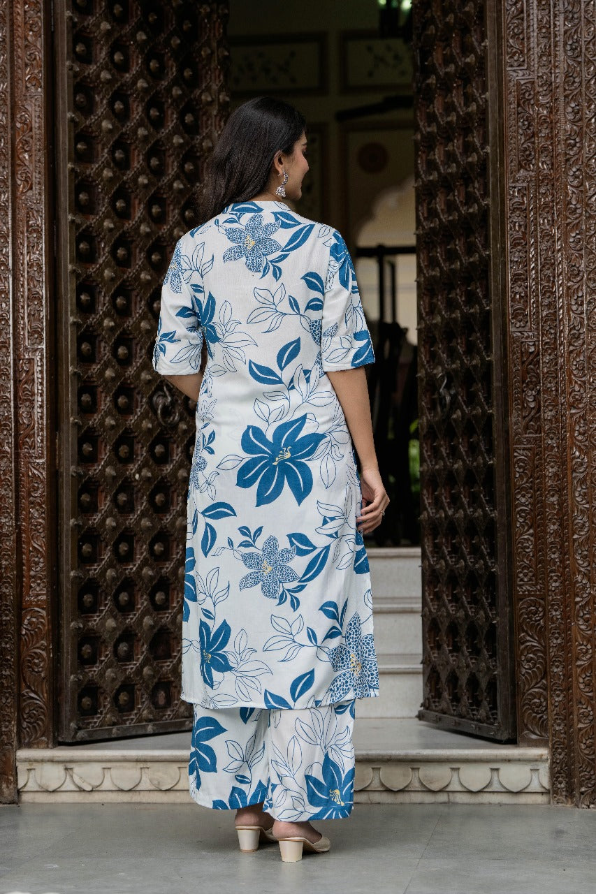 White & Blue Floral Kurta Set