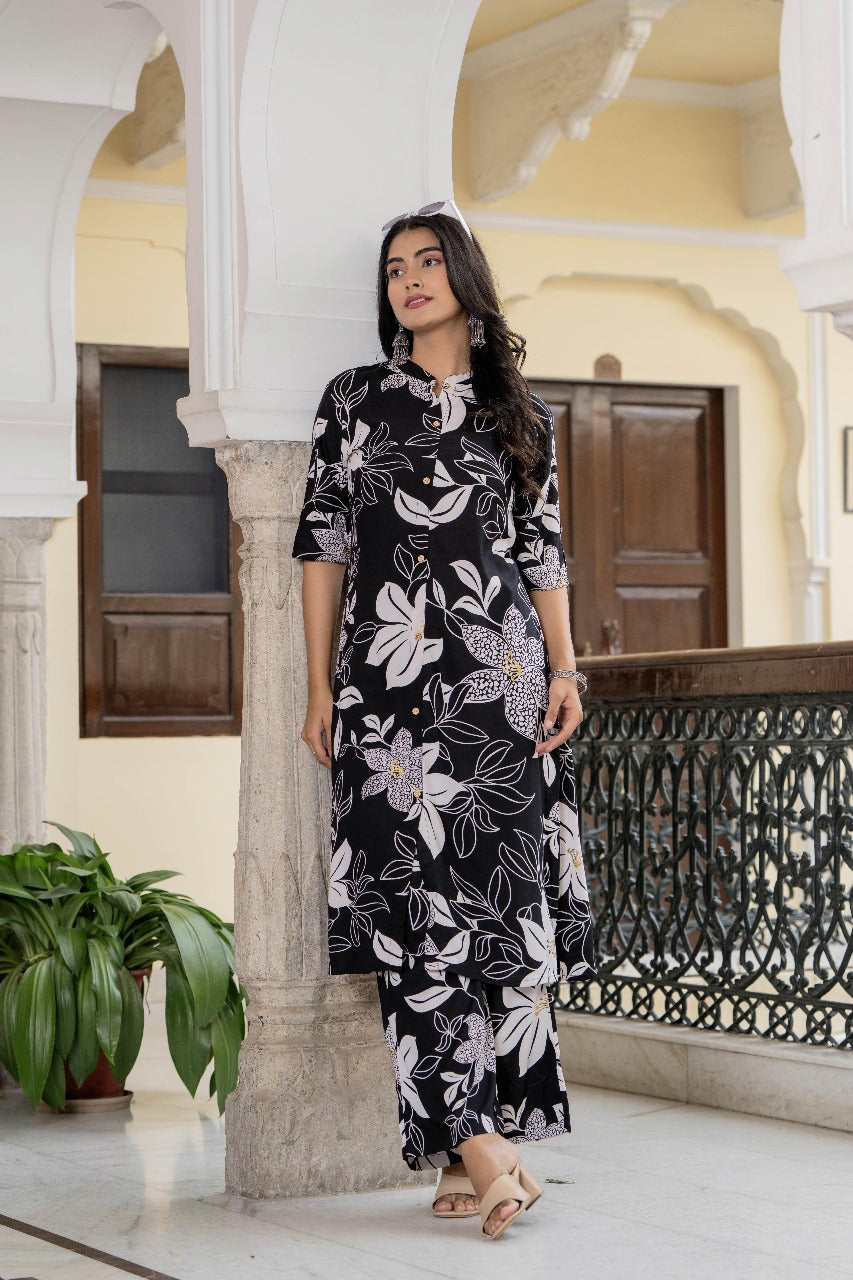 Black & White Floral Kurta Set