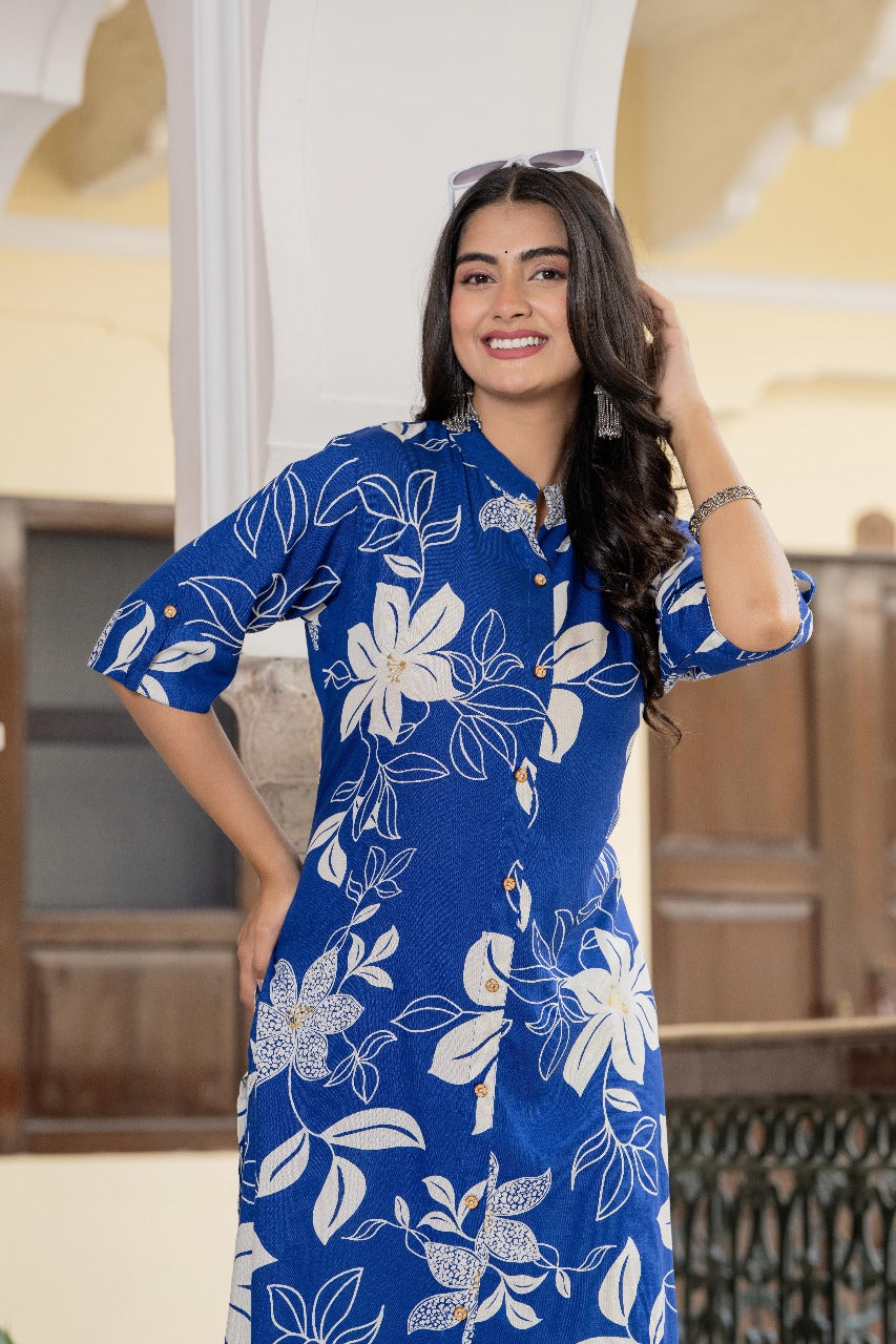 Blue & White Floral Kurta Set