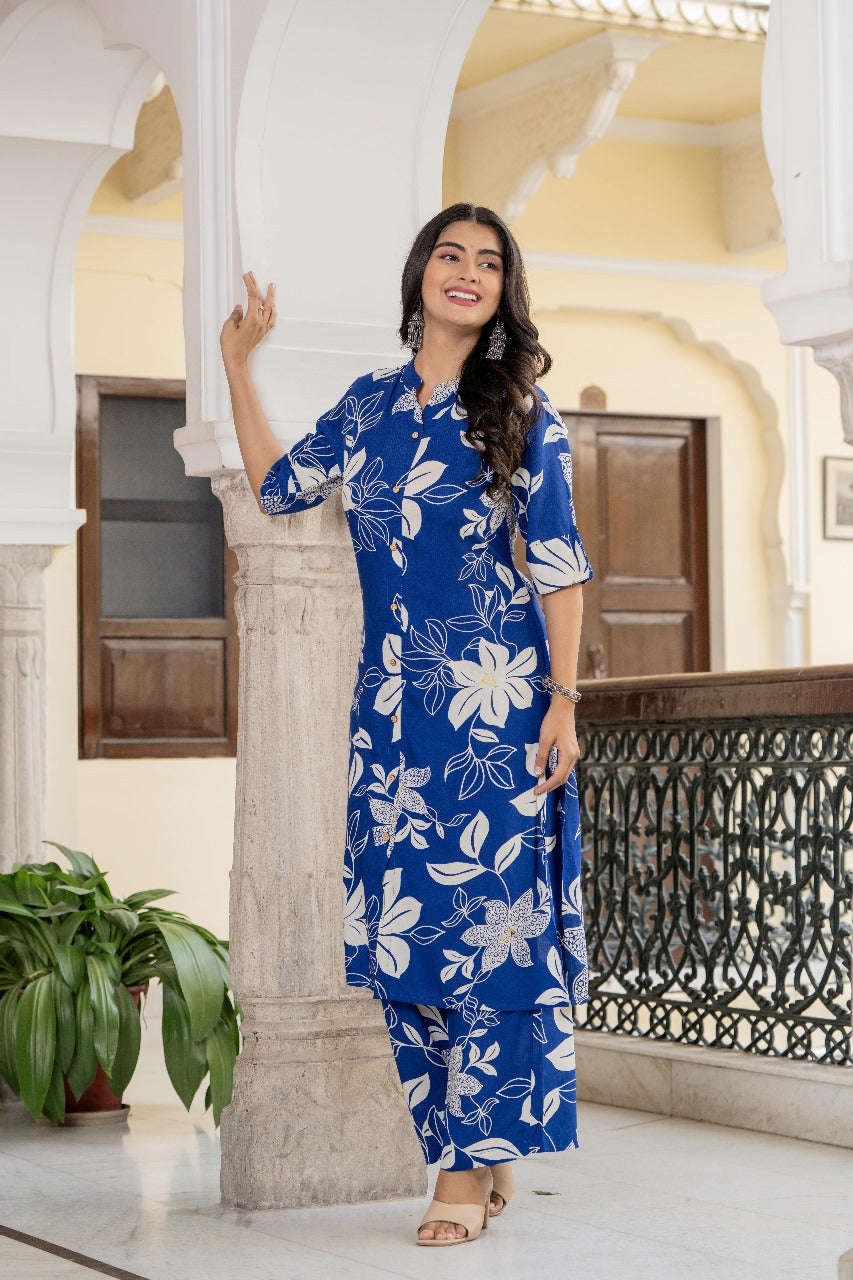 Blue & White Floral Kurta Set
