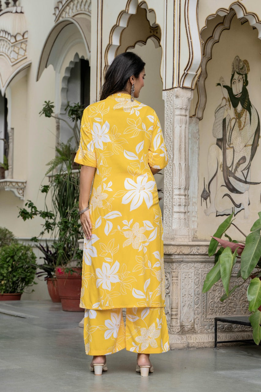 Yellow & White Floral Kurta Set