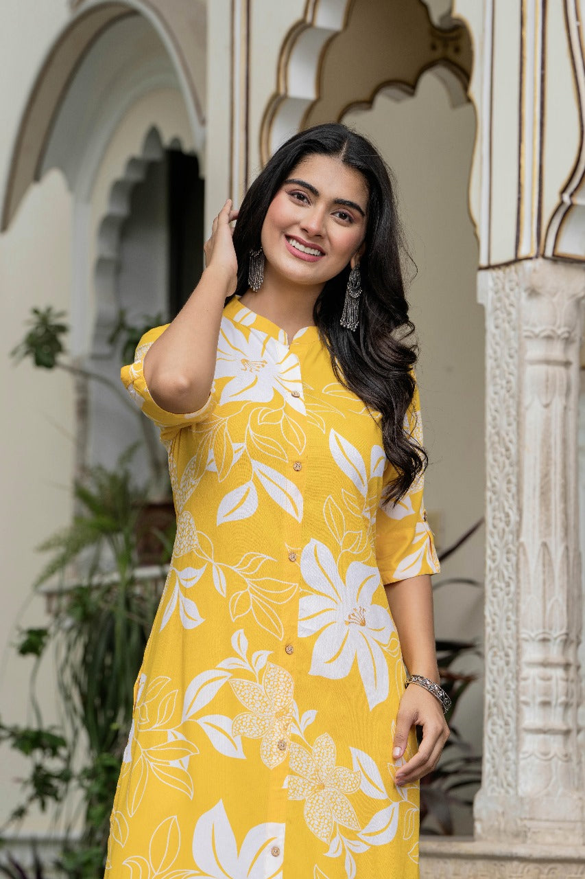Yellow & White Floral Kurta Set