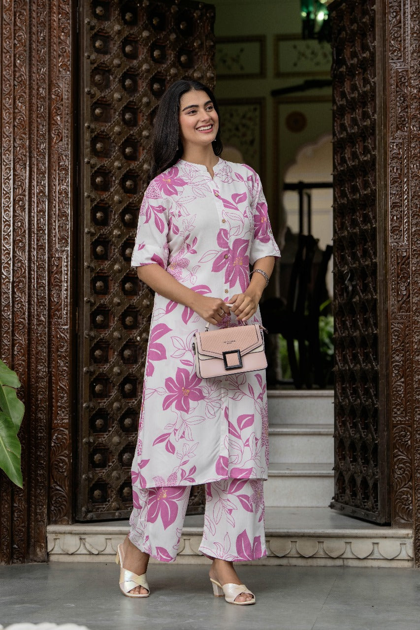 Pink & White Floral Kurta Set