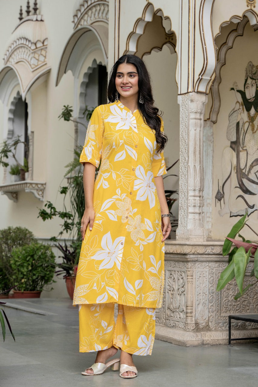 Yellow & White Floral Kurta Set