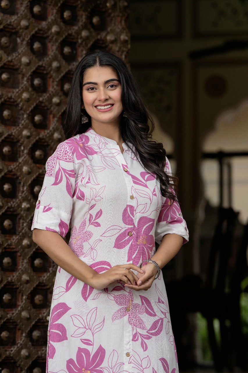 Pink & White Floral Kurta Set