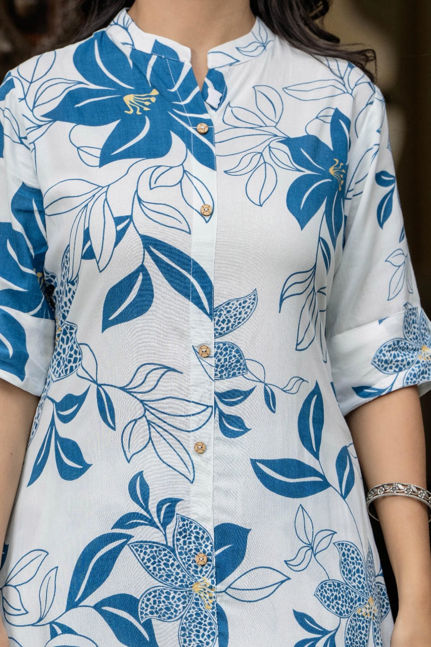 White & Blue Floral Kurta Set