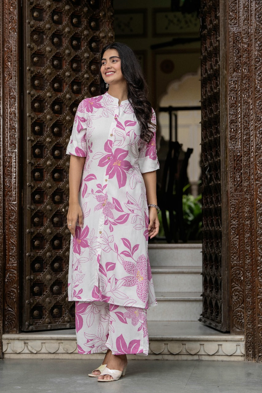 Pink & White Floral Kurta Set