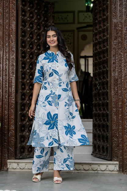 White & Blue Floral Kurta Set