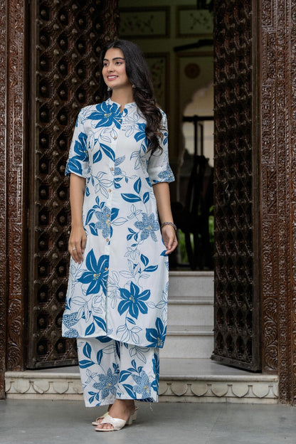 White & Blue Floral Kurta Set