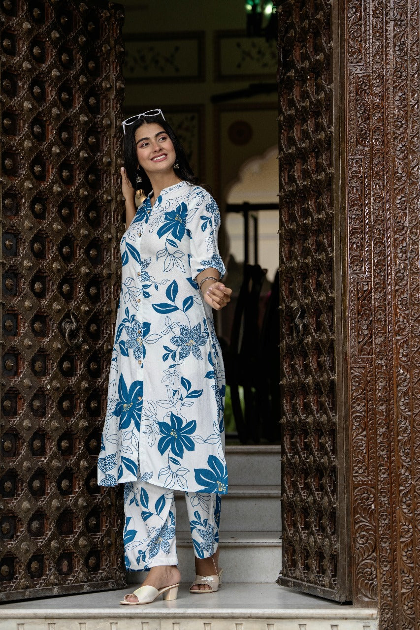 White & Blue Floral Kurta Set