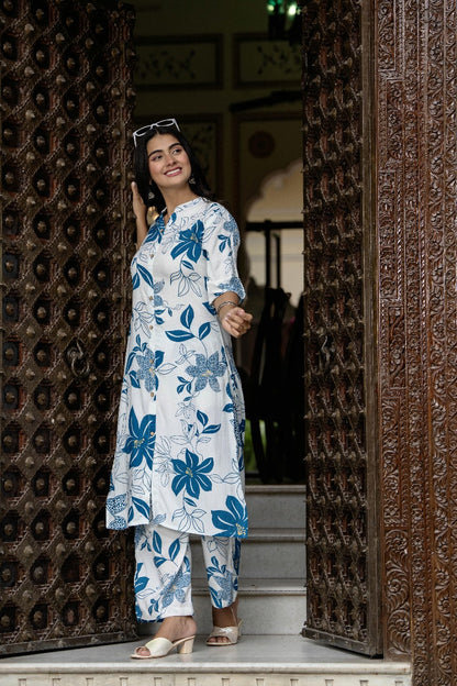 White & Blue Floral Kurta Set