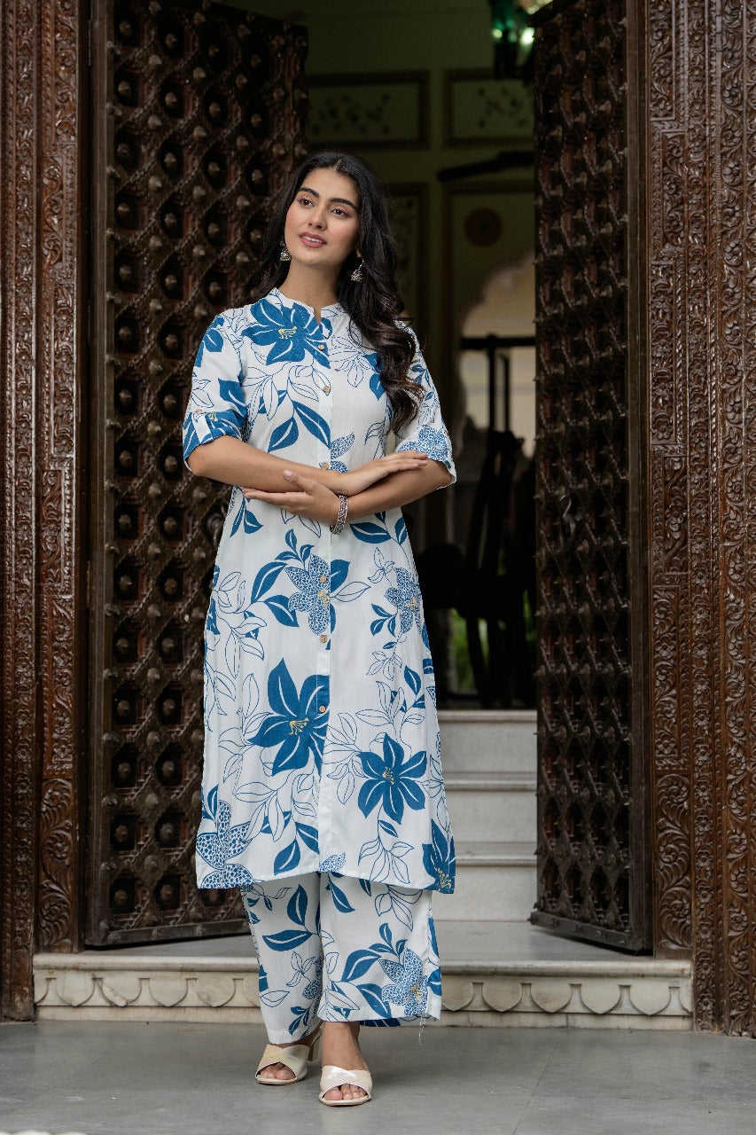 White & Blue Floral Kurta Set