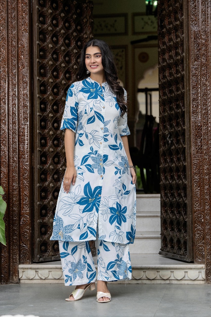 White & Blue Floral Kurta Set