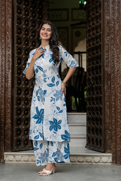 White & Blue Floral Kurta Set