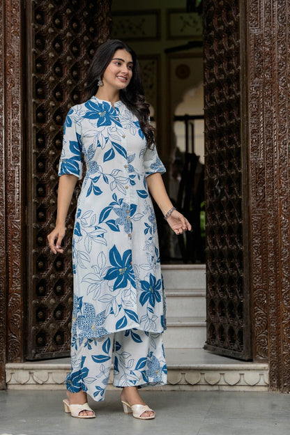 White & Blue Floral Kurta Set