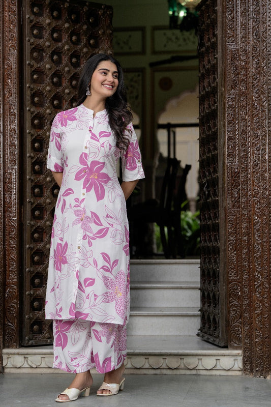 Pink & White Floral Kurta Set