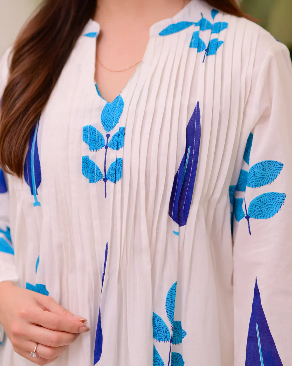 White Blue Handblock Printed Premium Mul Cotton Kurta Set