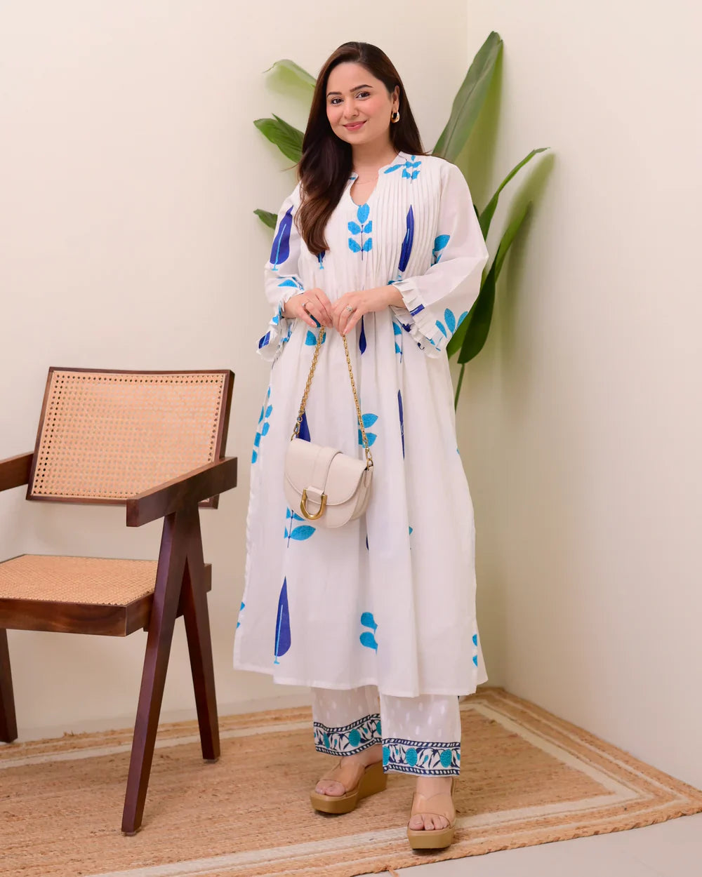 White Blue Handblock Printed Premium Mul Cotton Kurta Set