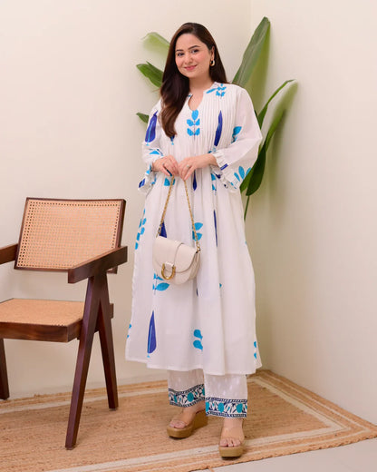 White Blue Handblock Printed Premium Mul Cotton Kurta Set