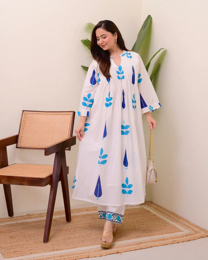 White Blue Handblock Printed Premium Mul Cotton Kurta Set