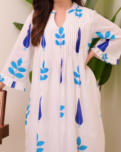 White Blue Handblock Printed Premium Mul Cotton Kurta Set