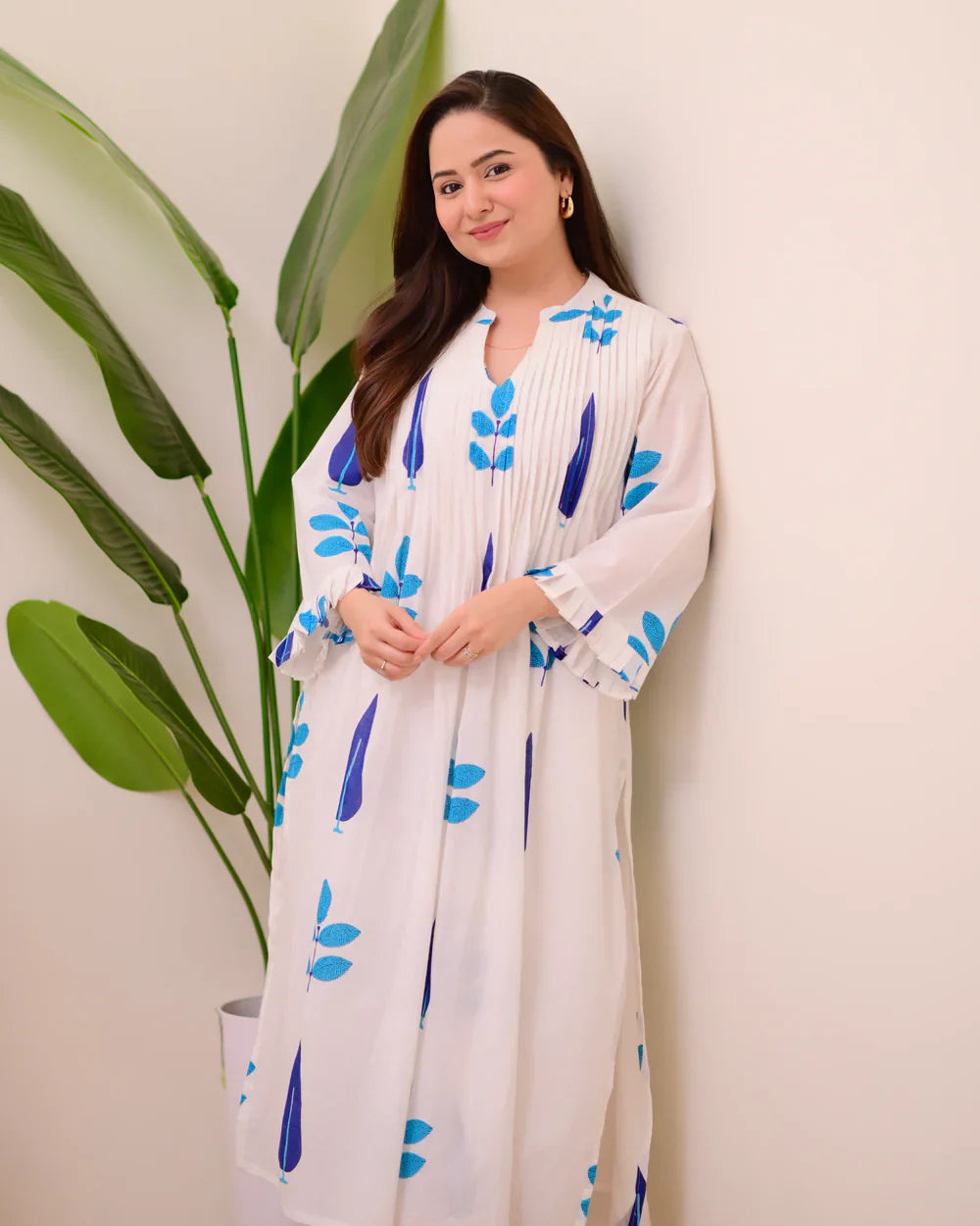 White Blue Handblock Printed Premium Mul Cotton Kurta Set