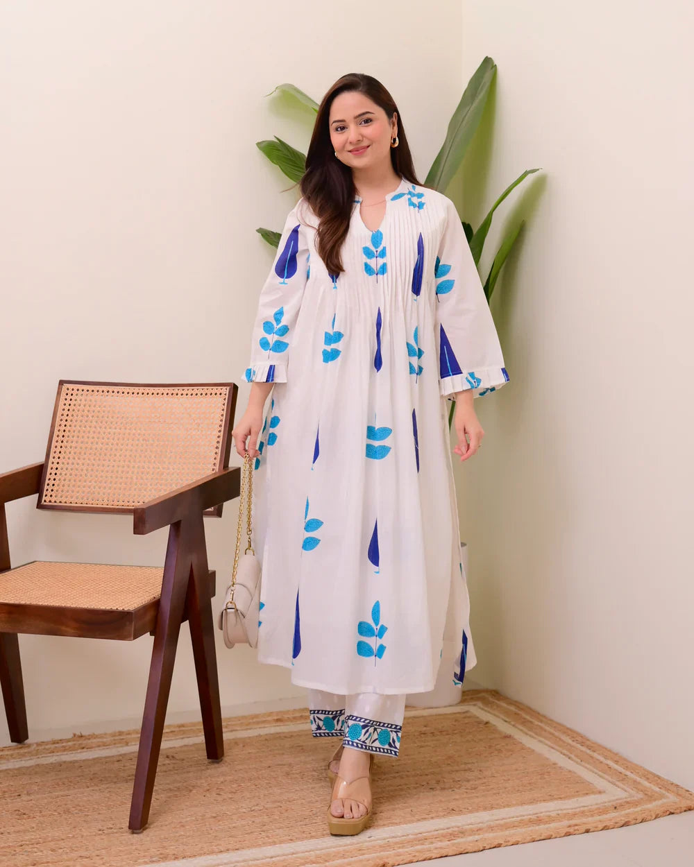 White Blue Handblock Printed Premium Mul Cotton Kurta Set